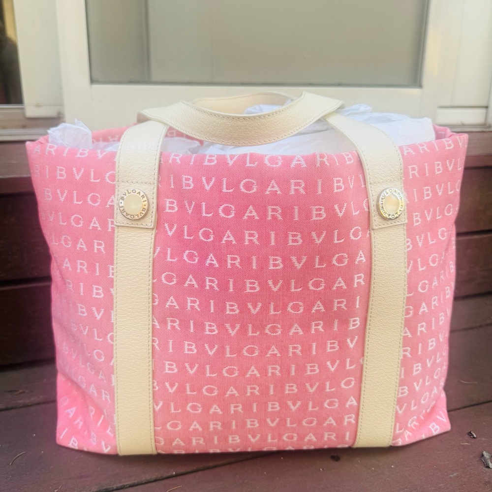 Authentic BVLGARI SOPHIA TOTE Large Handbag Bag Pink & Cream / Palladium
